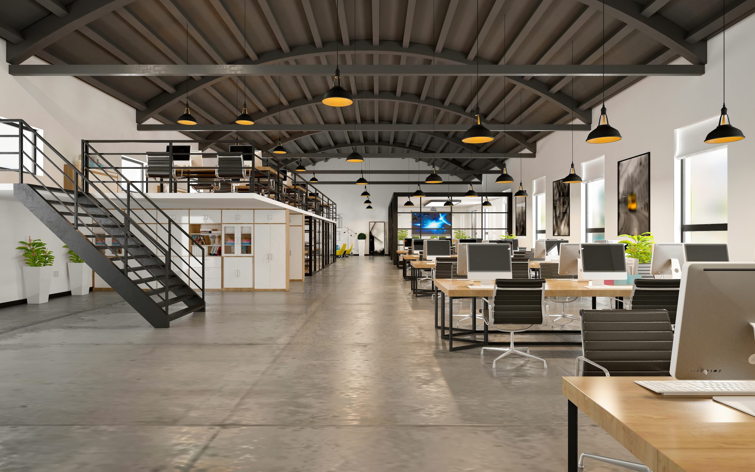 Open office with desks and loft space