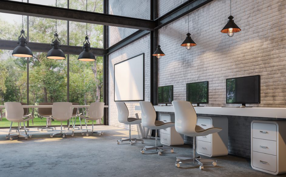 Industrial rental space being used as an open concept office